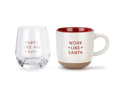 Mug + Stemless Wine Glass Set-Santa + Elf