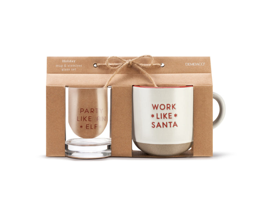 Mug + Stemless Wine Glass Set-Santa + Elf