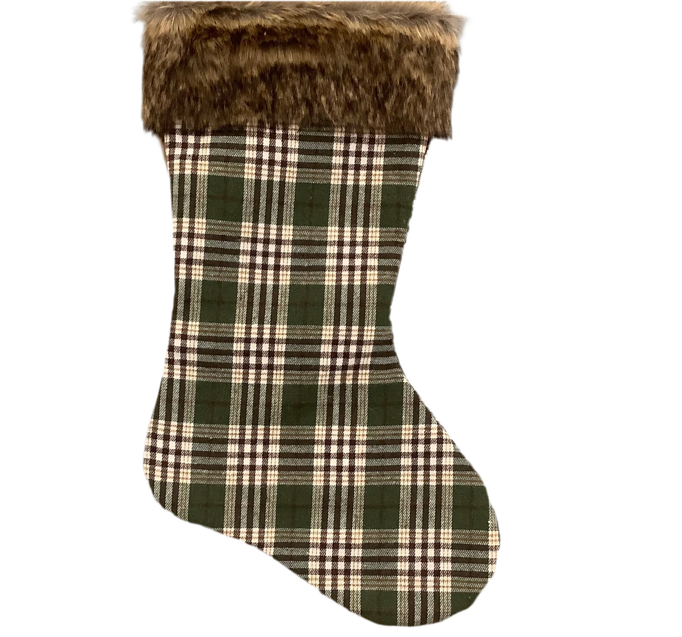 Green + Brown Plaid Stocking w/Faux Fur