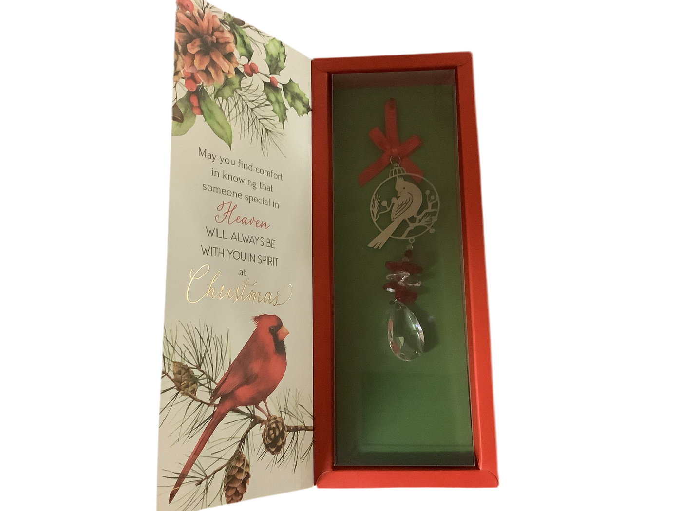 Merry Christmas From Heaven Cardinal Ornament with a Gift Box