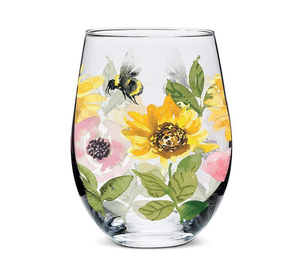 Sunflowers + Bees Stemless Wine Glass