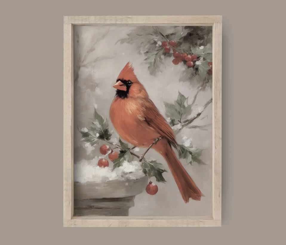 Vintage Christmas Cardinal Natural Wood Frame Art 8.5x7”