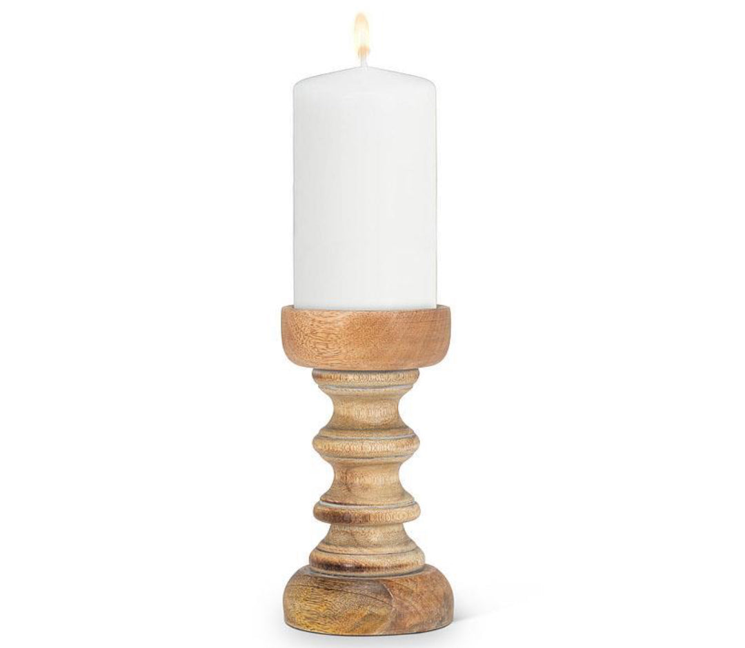 Greywash Turned MangoWood Pillar Candle Holder-Small