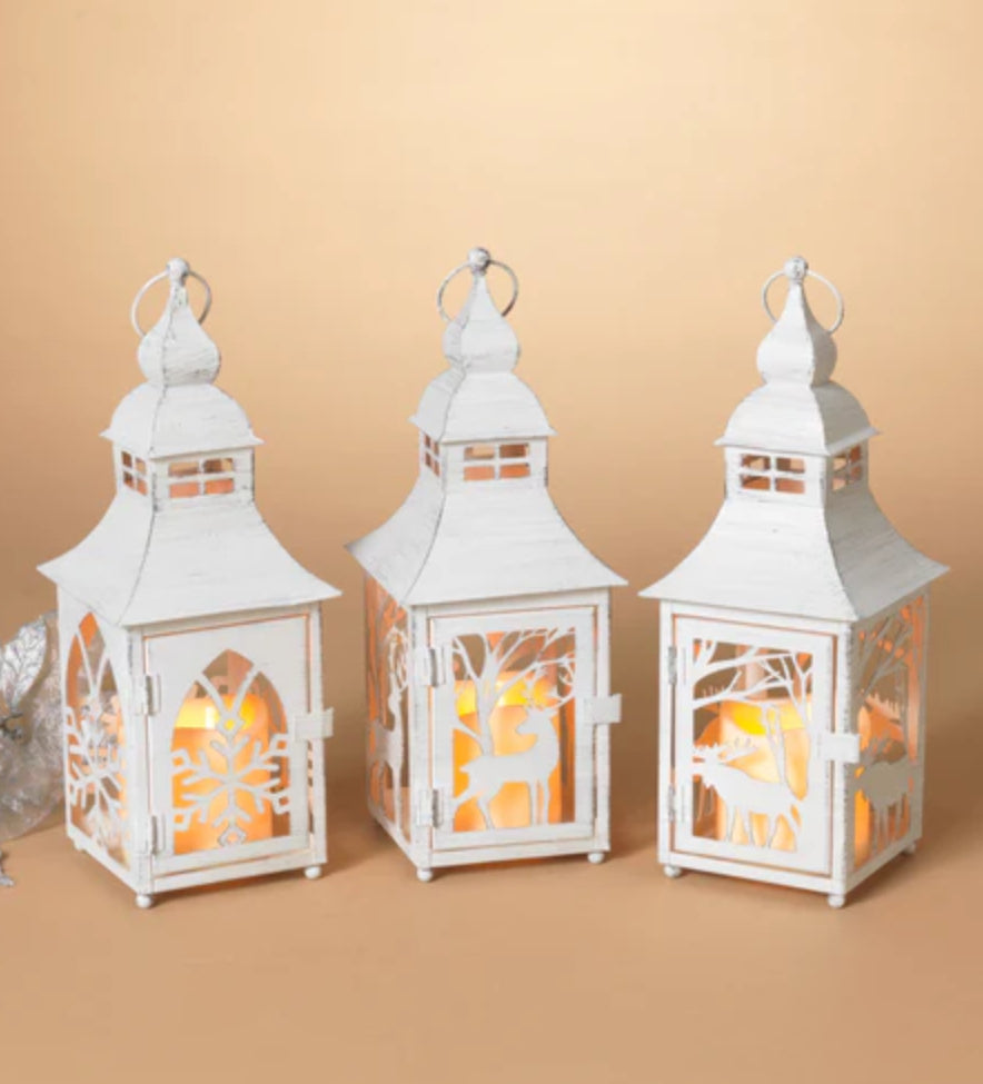 Whitewash Snowflake LED Lantern