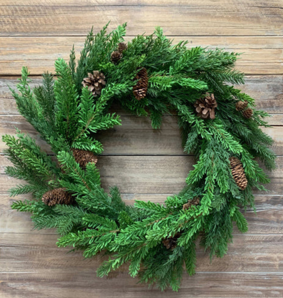 24” Fresh Touch Cypress + Pinecone Wreath