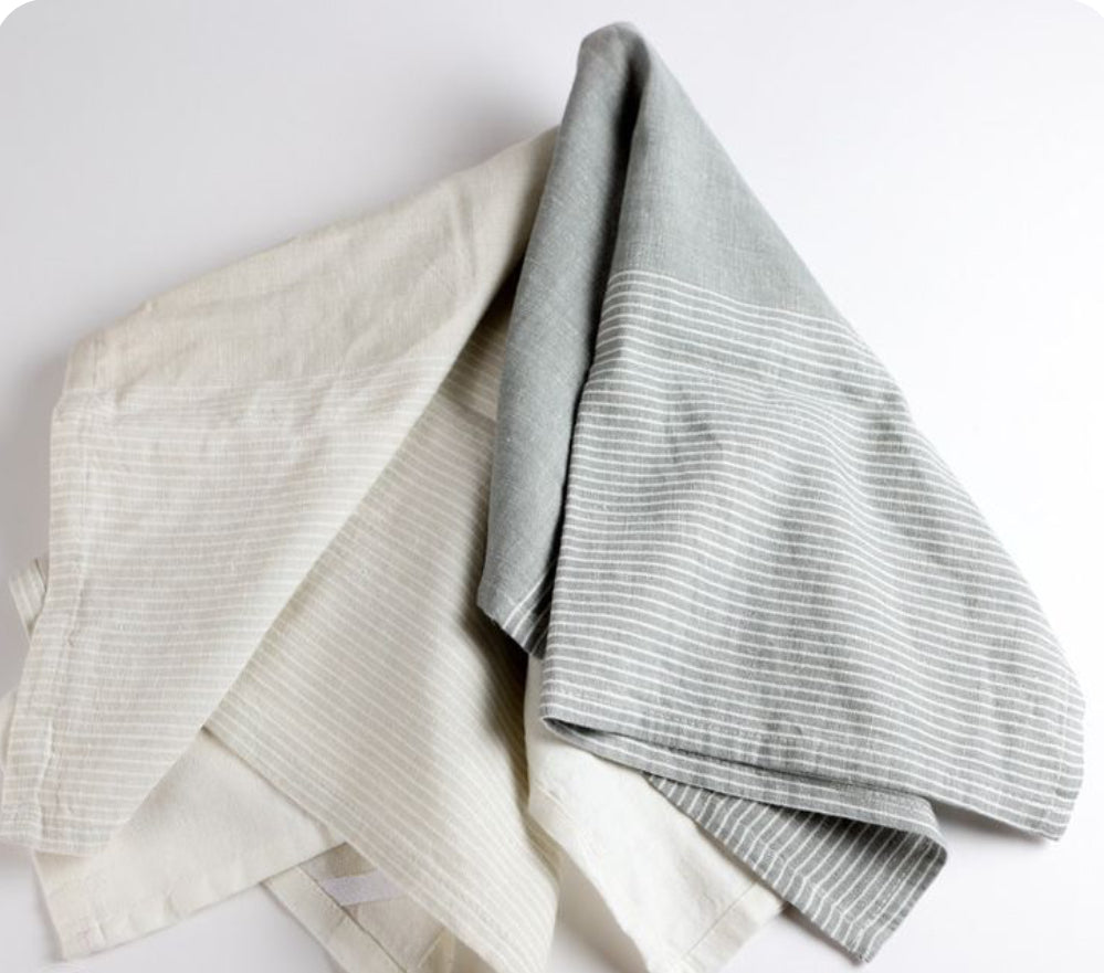 Sorbet Stripe Linen Tea Towel Set/2-Sky/Light Grey