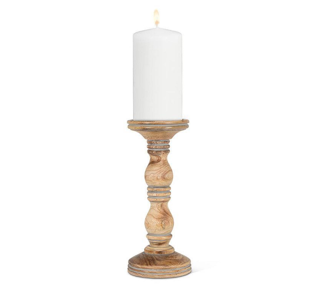 Greywash Turned MangoWood Pillar Candle Holder-Medium