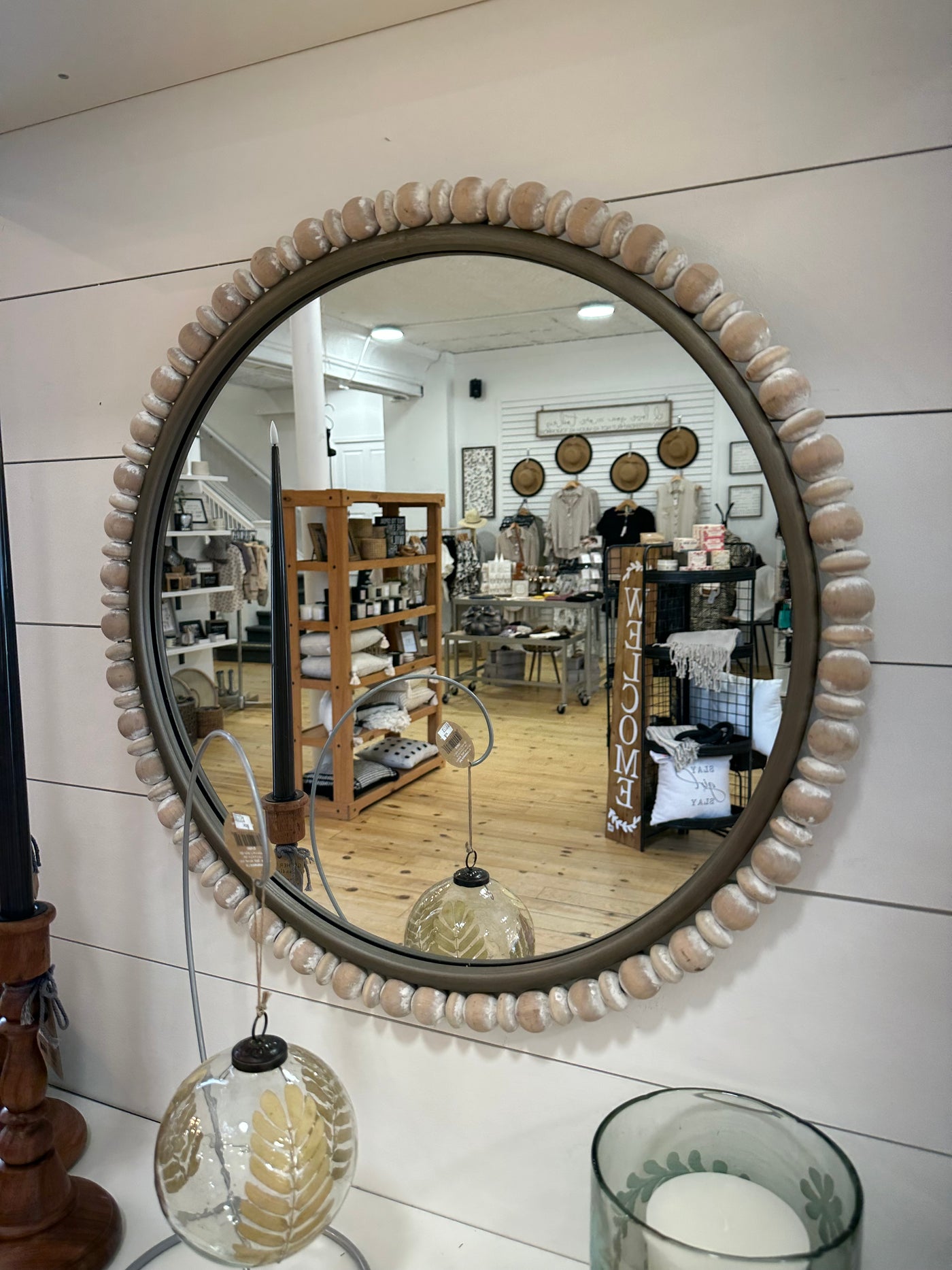 Beaded Wood Round Mirror