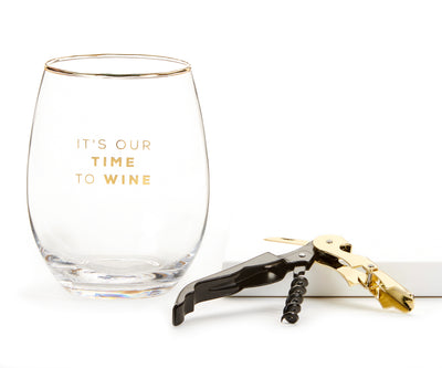 Stemless Wine Glass + Corkscrew Set-Our Time To Wine