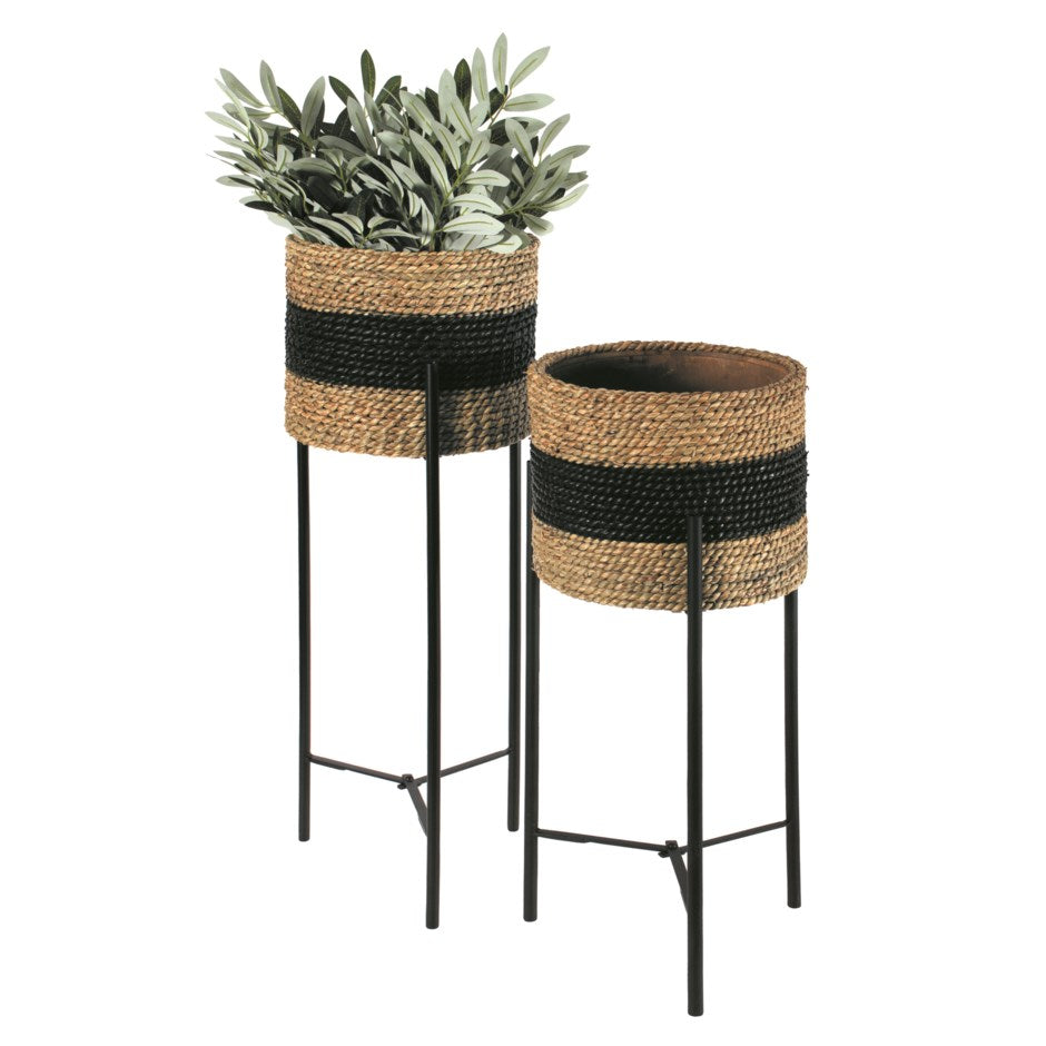 Black + Natural Braided Seagrass Wood Raised Planter