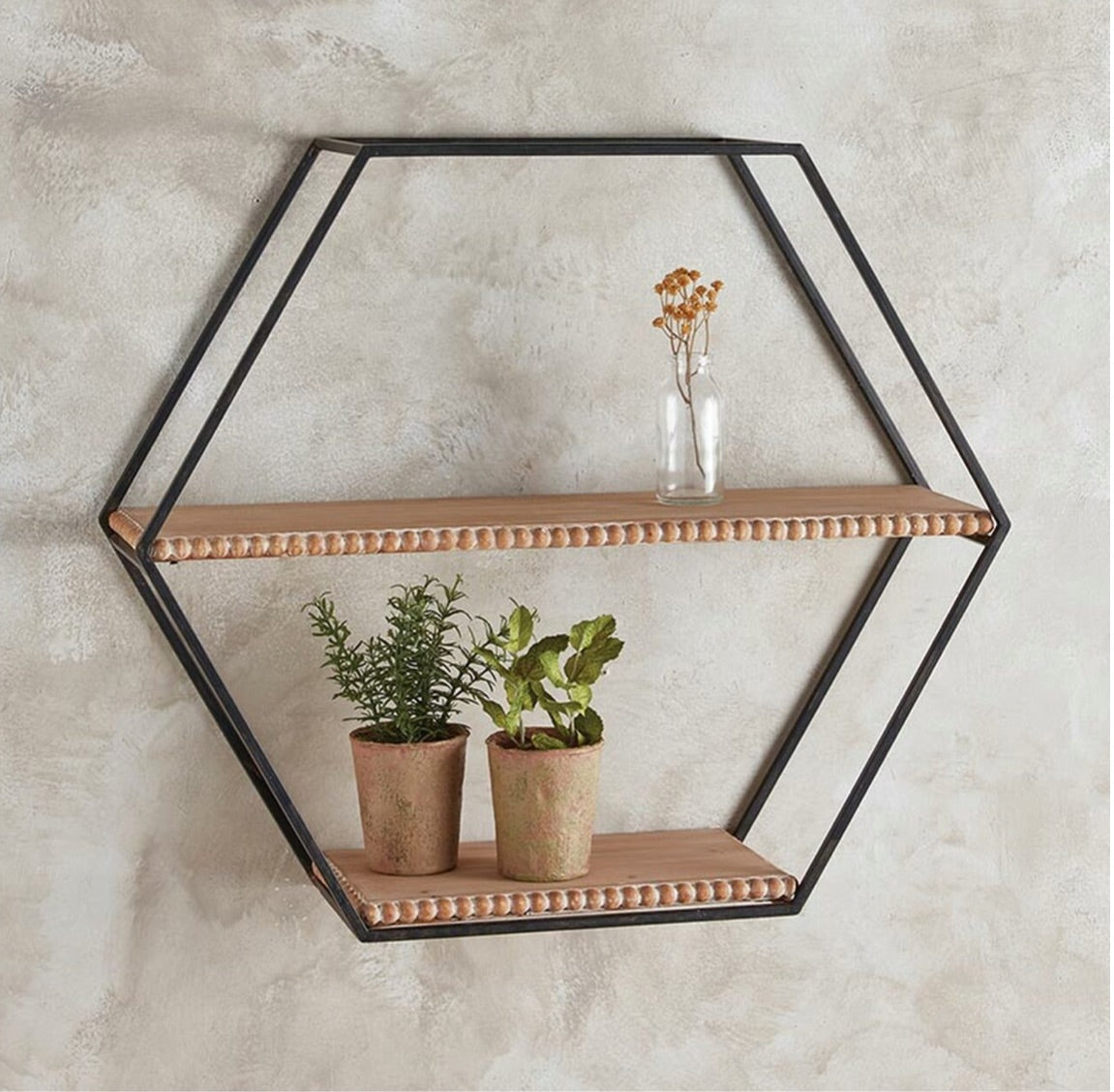 Hexagon Beaded Wood + Metal Shelf