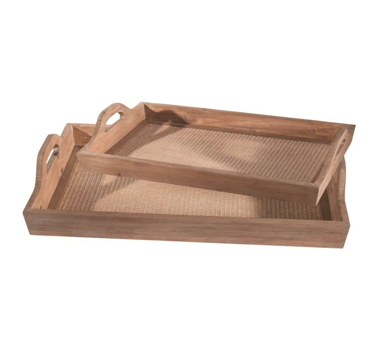 Rattan + Wood Tray with Handles